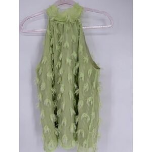 AMOLI Lime Green Halter Neck Feather Trimmed Sheer Blouse Top M